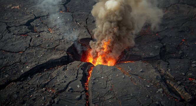 Wide angle capture of ground shaking eruption tremors splitting crust with visible cracks and dust plumes as volcano rumbles violently � great for active volcano designs