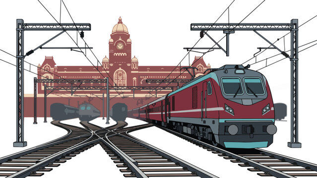 Vector illustration of a modern passenger locomotive train on tracks in front of a historic railway station building