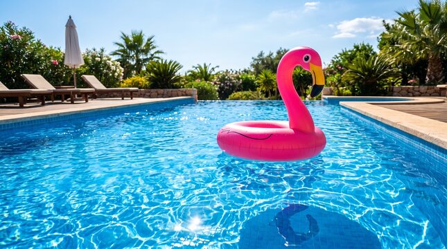 Inflatable pink flamingo floatie on resort swimming pool with lounge chairs and palm trees