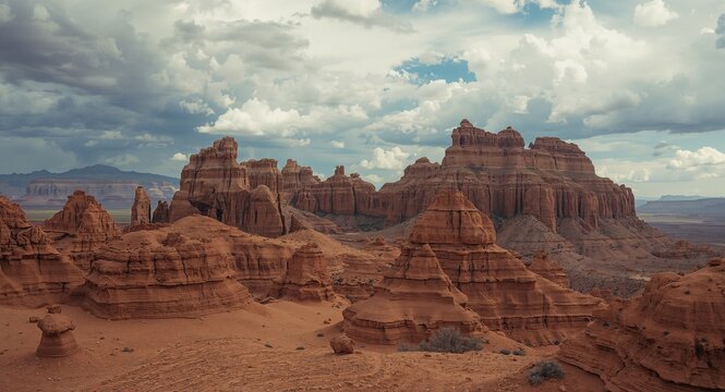 Rugged desert terrain with jagged sandstone formations carved by wind under dramatic cloudscape capturing raw rocky landscapes � great for rocky terrain designs