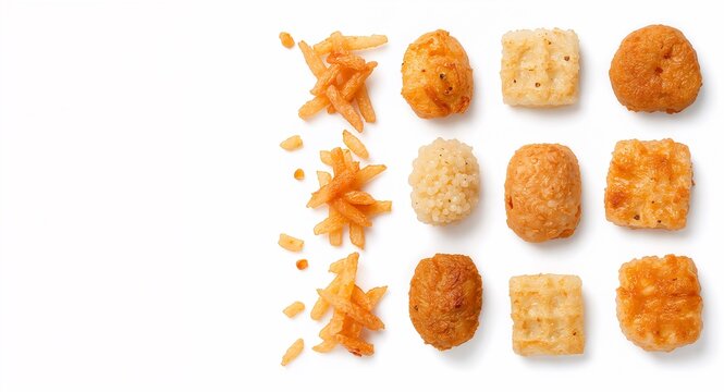 Savory Korean snack styled on clean white background showcasing crispy or chewy textures in bite sized portions including twigim rice crackers or fish cake arranged