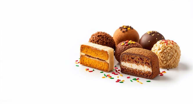 Colorful Brazilian dessert assortment isolate on white background under balanced lighting showcasing brigadeiro beijinho cajuzinho and camafeu sweets arranged artfully