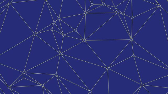 Polygonal triangles rotate smoothly while connected by dots and lines, featuring yellow outlines on purple, creating a sleek modern digital background.