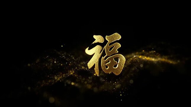 Golden Chinese Character for Fortune Emerges From Sparkling Particles Against Dark Background Cinematic Animation