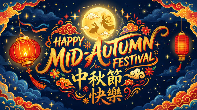 Mid-Autumn Festival graphic banner features traditional red paper lanterns, golden clouds, and a full moon.