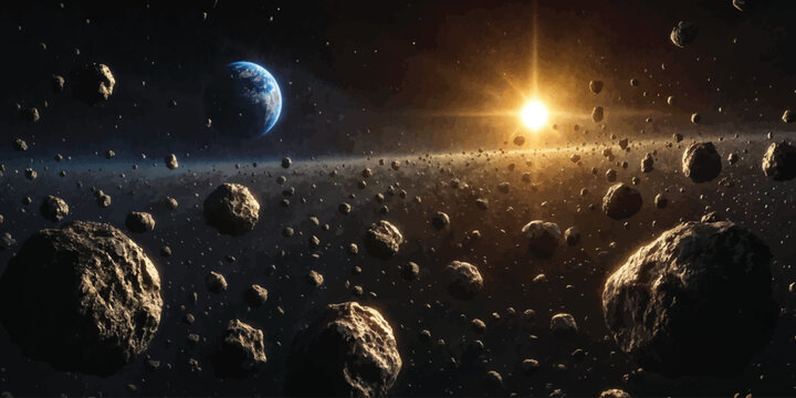 Asteroid field orbiting a distant planet in deep space with outer space exploration planet earth night sky science fiction sci fi travel asteroid astronomy universe sunlight