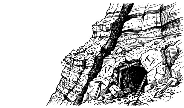 Hand drawn mine entrance in layered rock strata with pickaxes and shovel, underground mining line art illustration