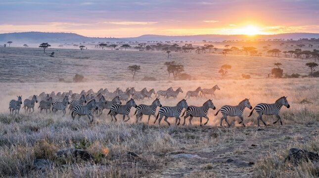 Zebras Galloping at Sunrise in Savannah: A herd of zebras gallops across the dusty savannah as the sun rises, casting a warm glow over the African landscape.