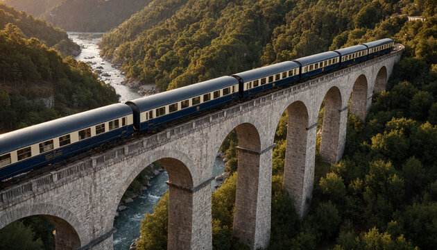 A vintage passenger train traveling across a stone arched viaduct bridge surrounded by a lush green forest and a flowing river below