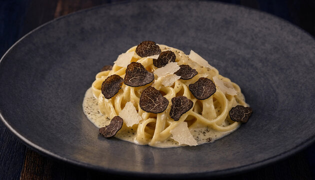 Gourmet tagliatelle pasta dish topped with shaved black truffle slices and parmesan cheese served on a dark textured ceramic plate