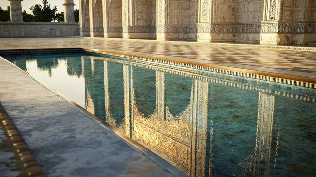 Long reflection pool leading toward Taj Mahal marble corridor and arches.