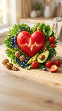 Heart-shaped arrangement of healthy fresh fruits vegetables and nuts on wooden surface with heart health vegetable platter fruit salad balanced diet green salad pulse line