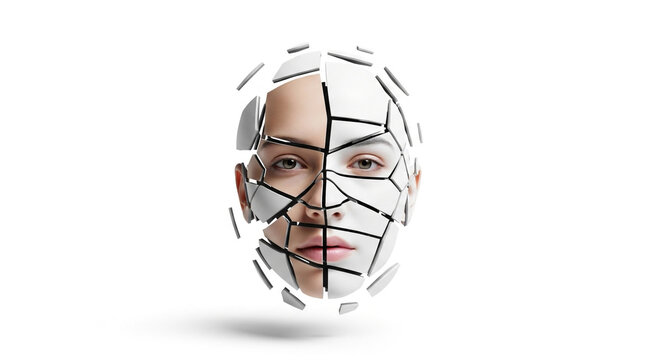 Woman's face fragmented into puzzle pieces on white background