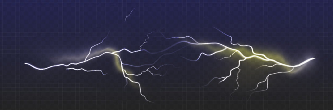 Set of the isolated realistic lightnings with transparency for design. Thunder-storm and lightnings. Magic and bright lighting effects. Natural effects