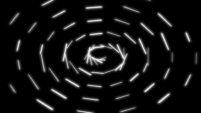 White dashed spirals rotating with cinematic motion against a black background for abstract concepts