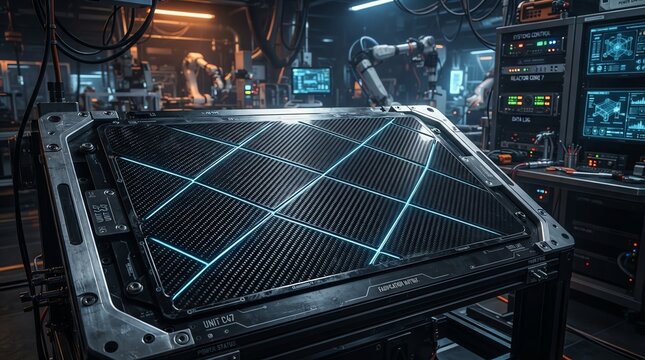 Futuristic electronic component in high tech robotic workshop