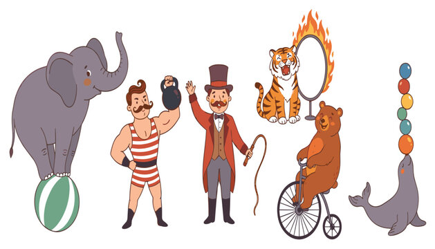 Vintage circus performers vector set with ringmaster strongman elephant on a ball balancing seal bear on unicycle and jumping tiger