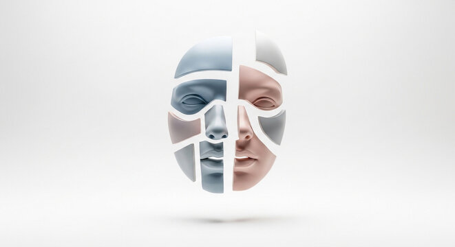 Abstract Fragmented Mask Floating in Studio Light, Identity Concept