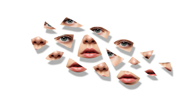 Fragmented female face composed of eyes, noses, and lips against white background
