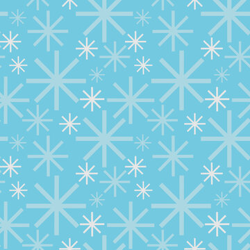 Seamless pattern with simple snowflakes of various sizes on a light blue background.