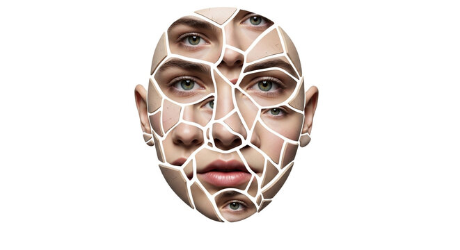 Surreal Fragmented Male Face Composite, Multiple Eyes and Features Overlapping on White Background