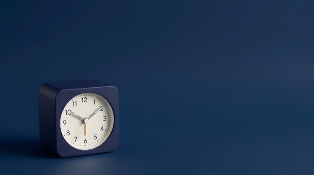 Dark Blue Square Clock on Dark Blue Background Minimalist Time Concept
