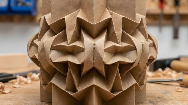 Intricate geometric origami tessellation sculpture crafted from brown kraft paper