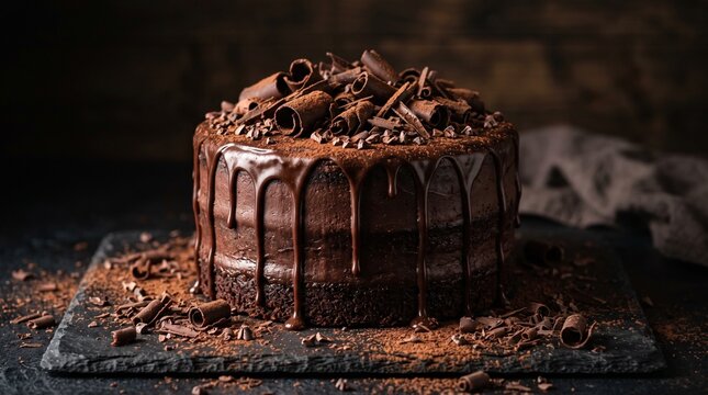 Decadent chocolate drip cake covered with rich chocolate ganache, cocoa powder and handcrafted chocolate curls on a dark slate surface.