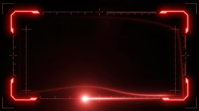HUD neon interface displaying digital frame with glowing red lines and targeting elements glowing brightly while shining in dark virtual space for futuristic technology design project.