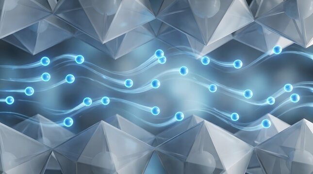 Scientific 3D visualization of glowing blue lithium ion particles flowing smoothly through a solid-state electrolyte crystalline lattice structure. 