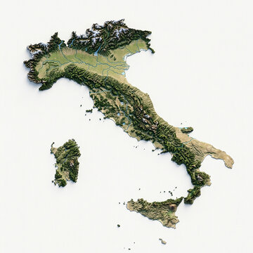 Topographic satellite view of the italian peninsula showing natural terrain texture and land features on white background