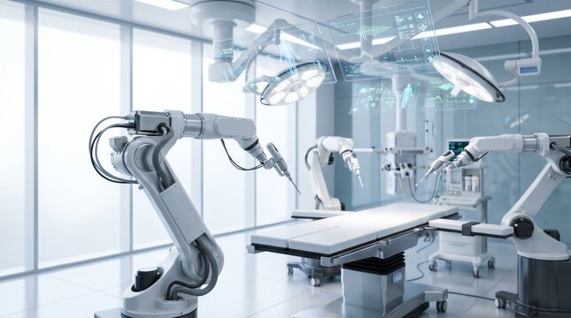 Robotic surgery technology in advanced operating room with precision medical arms supporting automated surgical procedures