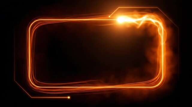 HUD neon interface glow shines bright inside digital screen frame design while glowing light moves around dark virtual background for futuristic technology video project production.