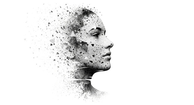 disintegrating woman's face, pixelated portrait, abstract human head