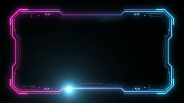 HUD, neon, interface elements glowing bright inside virtual display frame for modern sci fi technology design project, glowing cyber dashboard screen graphic on dark digital background.