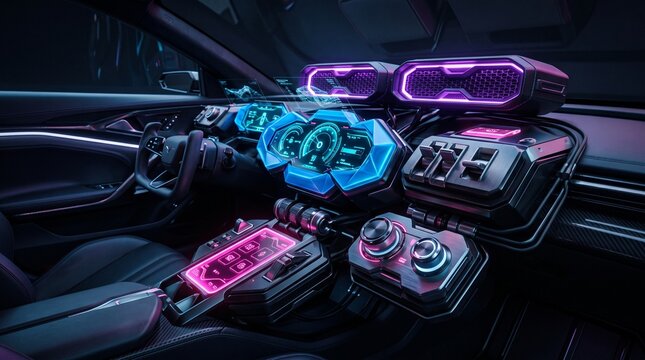 Modular cyber car dashboard featuring floating blue control panels, neon pink touch surfaces and purple illuminated components in an advanced cockpit.