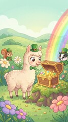 Fototapeta premium Kawaii Leprechaun Animal Characters, Charming Llama with Treasure Chest in Vibrant Landscape