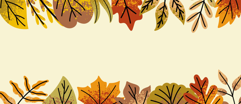 Autumn banner frame background template featuring hand drawn textured fall leaves at top and bottom borders with central copy space.