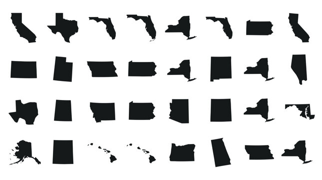 Collection of black silhouette maps of various United States of America states isolated on white background.