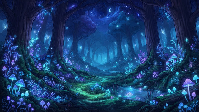 Horizontal fantasy wallpaper of enchanted bioluminescent forest at night