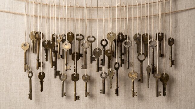 Vintage brass keys hang suspended against a textured linen background