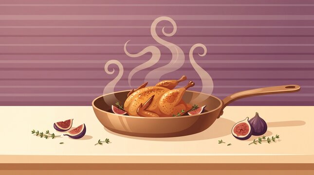 Seared quail in a bronze pan with figs and herbs vector illustration