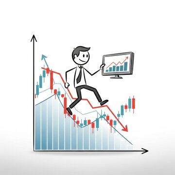 Businessman running down declining stock graph.
