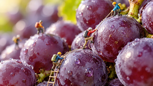 Miniature Mountaineers Climbing Giant Fresh Purple Grapes: Creative Macro Adventure Photography with Water Droplets
