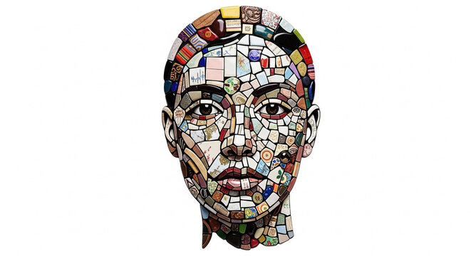 Mosaic portrait of a man's face with colorful tiles on white background