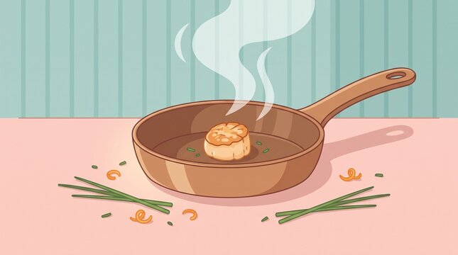 Scallop cooking in frying pan with steam colorful vector illustration