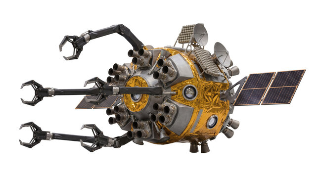 Deep space robotic probe, interplanetary scientific research spacecraft with articulated solar panels and parabolic dish. Astronautic cosmic exploration satellite on transparent background.