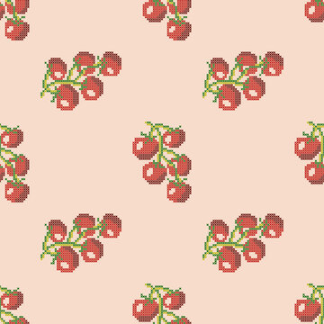 Seamless pattern with cross stitch tomato branches on a pastel background, cute retro handmade embroidery style vector illustration for fabric, wallpaper, textile, and wrapping paper design.