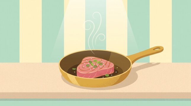 Tuna steak sizzling in a yellow skillet vector illustration