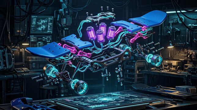 Modular cyberpunk hoverboard in an exploded configuration with blue panels, neon pink connectors, purple anti-gravity cores and futuristic propulsion technology.